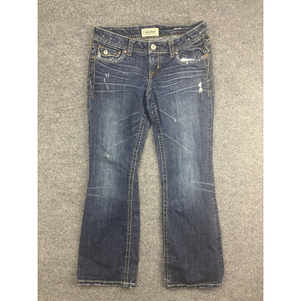 MEK Denim Jeans Womens 29x30 Blue Bootcut‎ Distressed Flap Pockets Stitching
